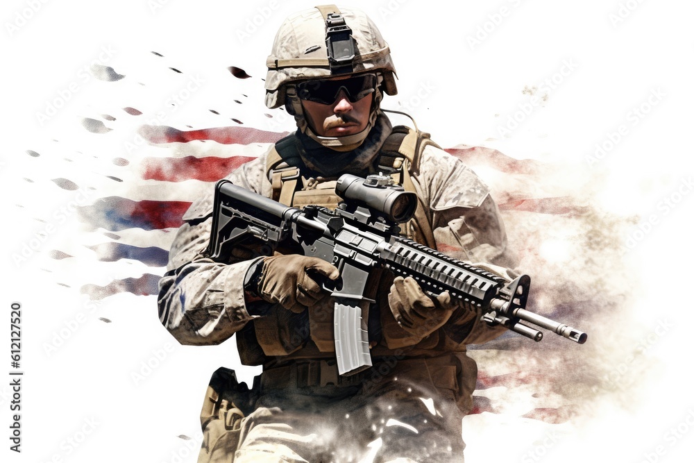 USA military force soldier in camouflage uniform and helmet with a weapon with the national flag behind. Generative AI USA military force soldier in camouflage uniform and helmet with a weapon with the national flag behind. Generative AI