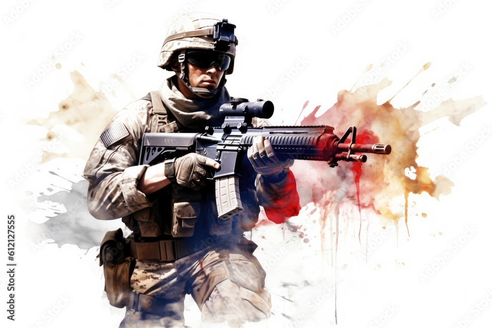 USA military force soldier in camouflage uniform and helmet with a weapon with the national flag behind. Generative AI USA military force soldier in camouflage uniform and helmet with a weapon with the national flag behind. Generative AI