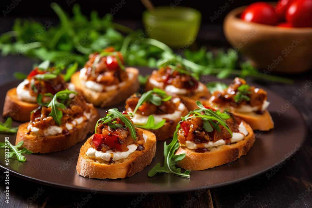Bruschetta with sun-dried tomatoes, cheese, basil and capers. Traditional appetizer for aperitivo in Italy. Crostini. Generative AI.