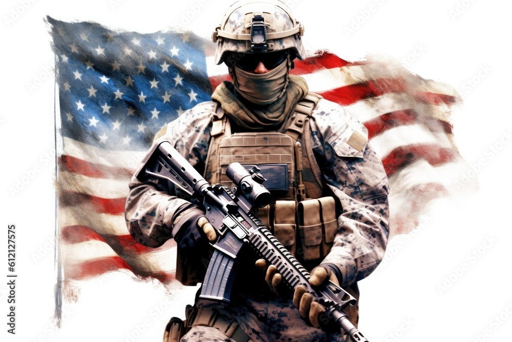 USA military force soldier in camouflage uniform and helmet with a weapon with the national flag behind. Generative AI USA military force soldier in camouflage uniform and helmet with a weapon with the national flag behind. Generative AI