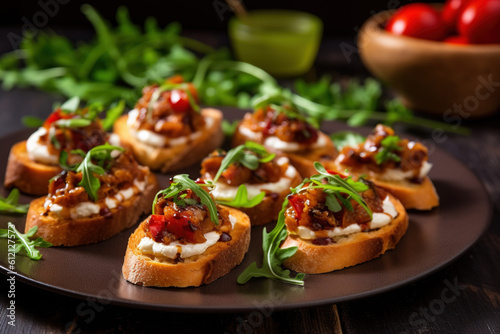 Wallpaper Mural Bruschetta with sun-dried tomatoes, cheese, basil and capers. Traditional appetizer for aperitivo in Italy. Crostini. Generative AI. Torontodigital.ca