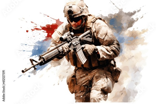 USA military force soldier in camouflage uniform and helmet with a weapon with the national flag behind. Generative AI
