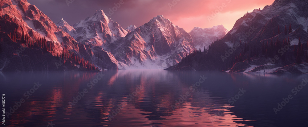 custom made wallpaper toronto digitalsunrise over lake in snowy mountains made with Generative AI