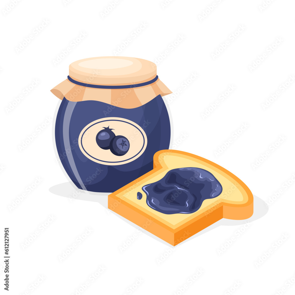 Toast bread and jar of blueberry jam. Sweet sandwich. Vector illustration in trendy flat style isolated on white background. Toast bread and jar of blueberry jam. Sweet sandwich. Vector illustration in trendy flat style isolated on white background.