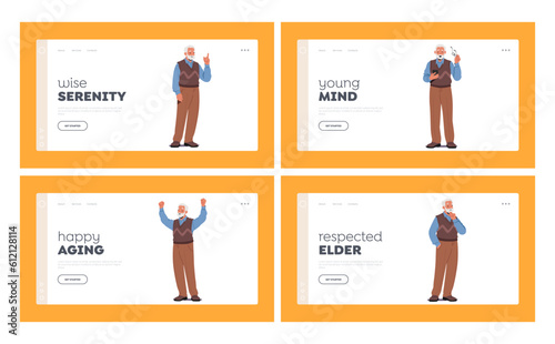 Senior Man Emotions Landing Page Template Set. Elderly Male Character Express Wisdom, Joy, Resilience, Contemplation