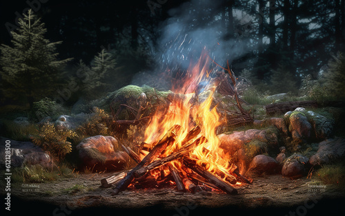 campfire  Delight in the ambiance of a bonfire set in the midst of the natural forest outdoors.   Generative AI
