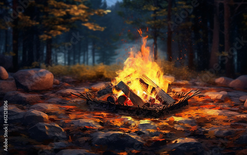 campfire, Create a bonfire amidst the breathtaking beauty of the forest in nature's embrace. Generative AI