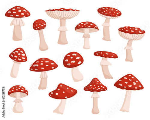 Set Of Fly Agaric, Vibrant, Red And White Mushroom Known For Its Distinctive Appearance And Hallucinogenic Properties
