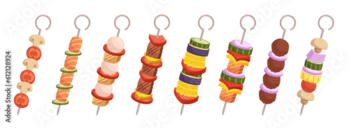 Diverse Assortment Of Kebabs, Featuring A Range Of Succulent Meats. Mushrooms, Vegetables And Flavorful Ingredients