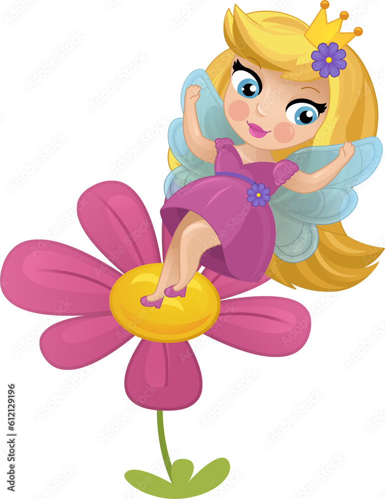 Fototapeta premium Cartoon colorful happy fairy princess flying near the flower isolated illustration for children