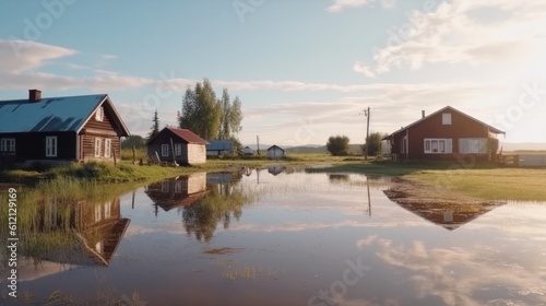 high water in the village.Flooding of houses and villages. Generative AI