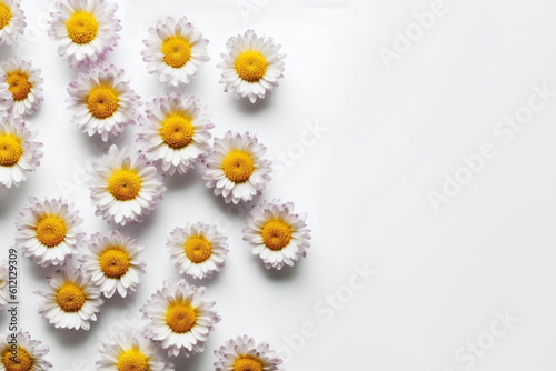 Wallpaper with white daisy flowers on white background. Copy space on the right side. Illustration. Generative AI