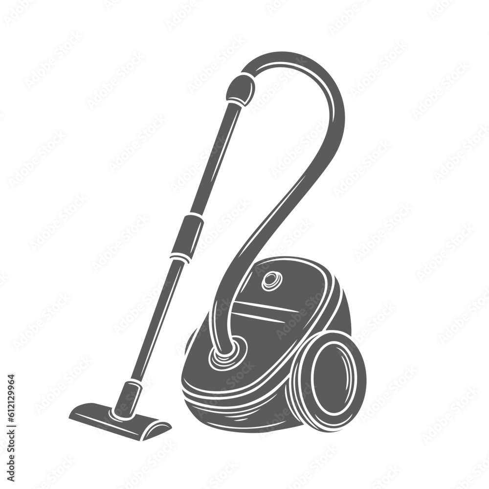 Vacuum cleaner glyph icon vector illustration. Stamp of dust and debris suction equipment, hoover for cleaning carpet or floor with airflow, electric cleaner appliance with canister and hose to clean