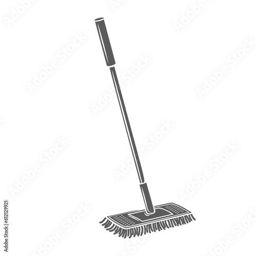 Brush broom for cleaning glyph icon vector illustration. Stamp of housekeeping wipers tool with plastic stick, equipment of everyday cleanup of floor in home room or office, broom with handle