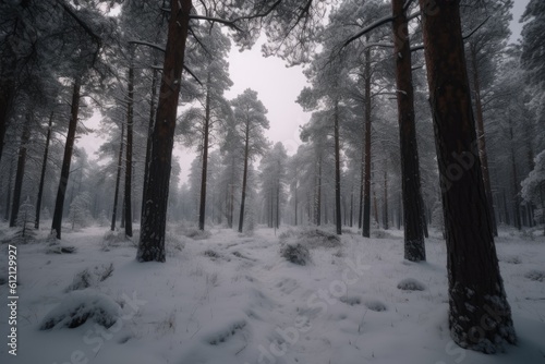 winter wonderland forest with snow-covered trees. Generative AI © Lasvu