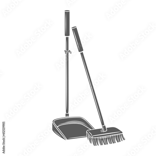 Dustpan and broom for cleaning glyph icon vector illustration. Stamp of plastic tools to sweep trash from dirty home floor, supplies of cleaning service for sweeping dust, housework and cleanup