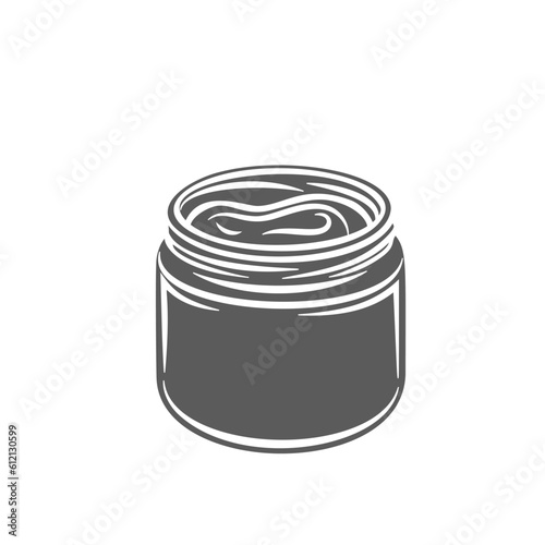 Coconut yogurt glyph icon vector illustration. Stamp of glass bottle with thick cold oil of coco fruit, open jar with spread or butter cream, Asian coconut creamy food product for cooking and eating