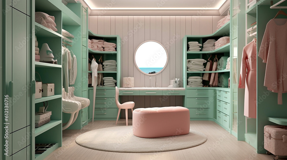Luxury dressing room with stylish furniture in pastel colors and soft led backlight. Luxury and
