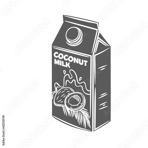 Coconut milk package glyph icon vector illustration. Stamp of carton packaging with liquid coco product, label and plastic lid, natural healthy vegetarian milk of supermarket or grocery store