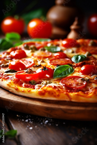 food meal space copy italian food cheese background slice fast tomato pizza black. Generative AI.