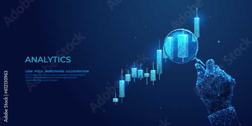 Digital stock market analysis concept. An abstract man holds a magnifying glass in his hand and analyzes the graph chart on technological dark blue background. Low poly wireframe vector illustration
