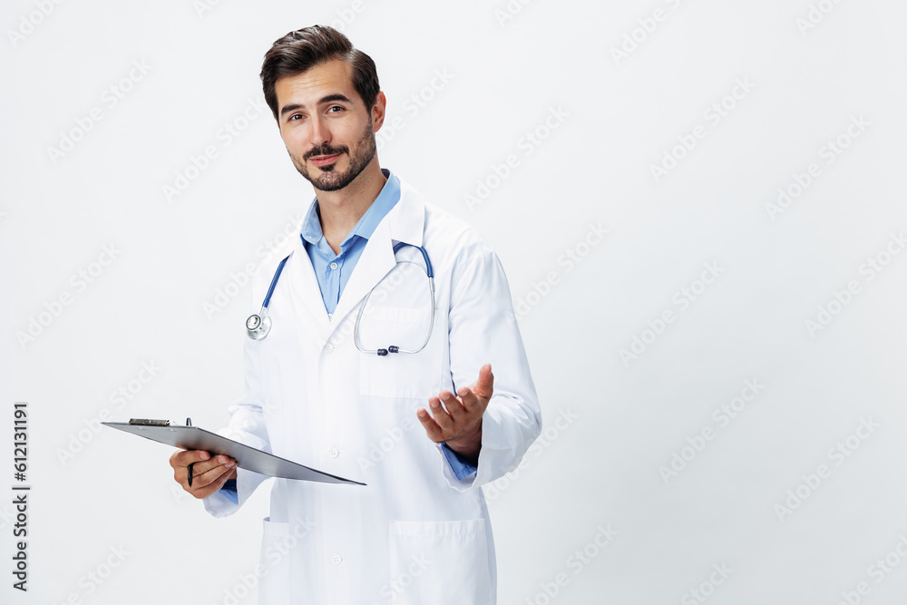 Man doctor in white coat with stethoscope and folder for notes and patient records smile and good test results look into camera on white isolated background, copy space, space for text, health Man doctor in white coat with stethoscope and folder for notes and patient records smile and good test results look into camera on white isolated background, copy space, space for text, health