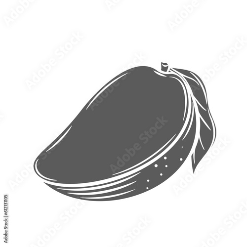 Half mango glyph icon vector illustration. Stamp of ripe fruit cut into slice with rind, leaf on stem, piece with delicious pulp, organic raw section and part of sliced mango for vitamin juice and jam