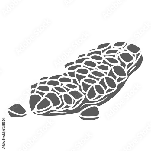 Pomegranate piece and scattered seeds glyph icon vector illustration. Stamp of garnet fruit slice and falling ripe grains group, fresh pomegranate cut into parts for exotic healthy juice and eating
