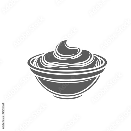 Sauce in bowl, side view glyph icon vector illustration. Stamp of small round ceramic cup with mayonnaise or sour cream, yogurt or cheese dip sauce swirls to add flavor to appetizer and dinner food