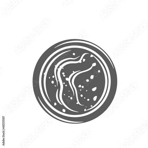 Hot chili sauce in bowl, top view glyph icon vector illustration. Stamp of small cup with sweet chilli pepper dip with texture, pesto or avocado salsa, tzatziki summer sauce on plate for eating