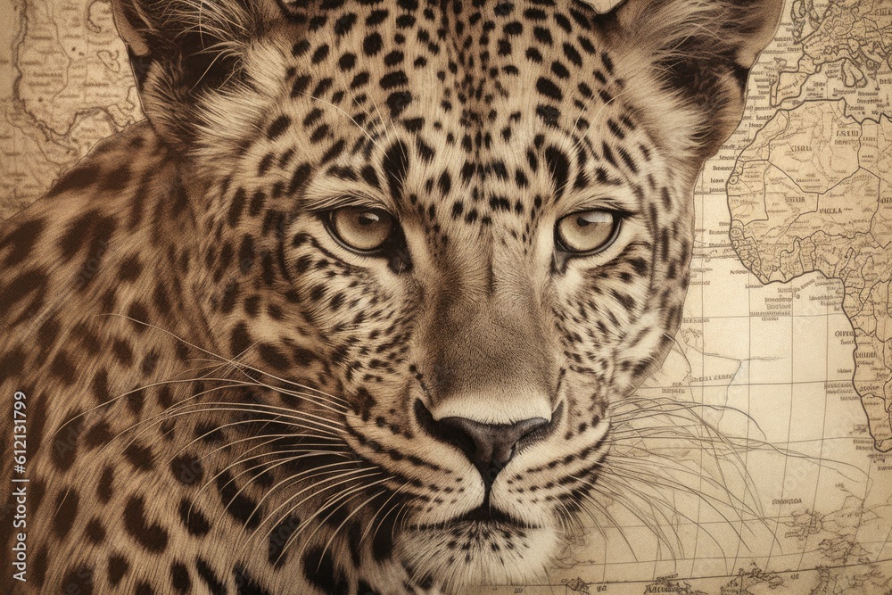Fototapeta premium leopard staring intently on a map. Generative AI