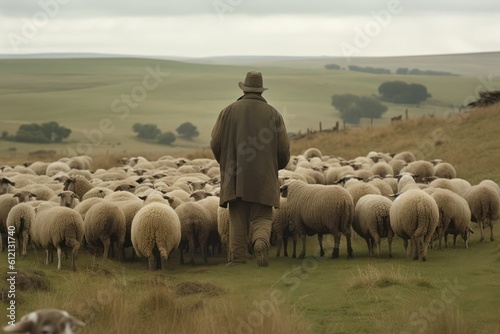 shepherd tending a flock of sheep on the green meadow of his farm. Generative AI © Margo_Alexa