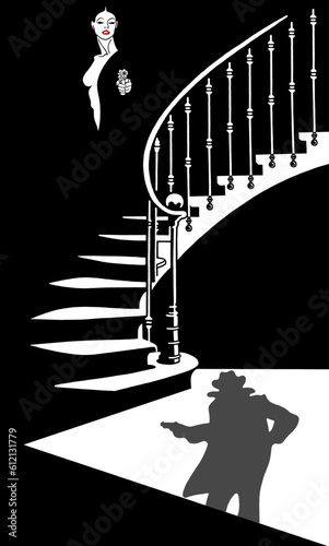 A beautiful, passionate woman with a gun. The shadow of a man in a hat and raincoat with a gun. Detective. Drawing on a black background.