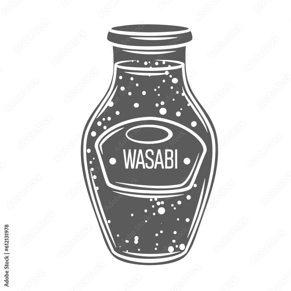 Wasabi sauce bottle glyph icon vector illustration. Stamp of glass jar with lid and label, packaging with green cream paste for seasoning sushi, wasabi dressing ingredient of Japanese cuisine Wasabi sauce bottle glyph icon vector illustration. Stamp of glass jar with lid and label, packaging with green cream paste for seasoning sushi, wasabi dressing ingredient of Japanese cuisine