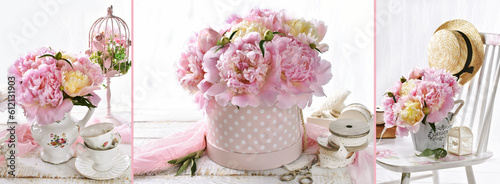 Beautiful banner with collage of 3 photos with pink peonies in shabby chic arrangements