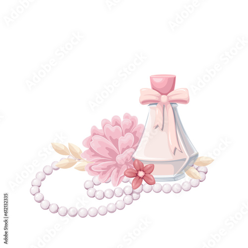 Pink perfume bottle, rose and jewelry vector illustration. Cartoon isolated luxury beauty gift or wedding set for woman, fashion perfume product with fragrance, pearl necklace and summer flowers