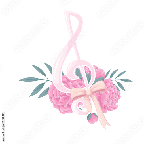 Music treble clef with flowers vector illustration. Cartoon isolated pink abstract music symbol and spring blossom, floral bouquet decoration for melody of classic musical symphony, opera or song