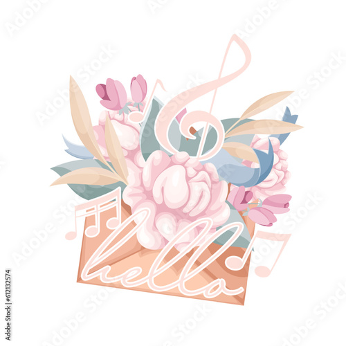 Paper envelope with flowers vector illustration. Cartoon isolated mail envelope with bunch of pink bouquet, music notes and treble clef, cute musical greeting card or invitation with handwriting Hello