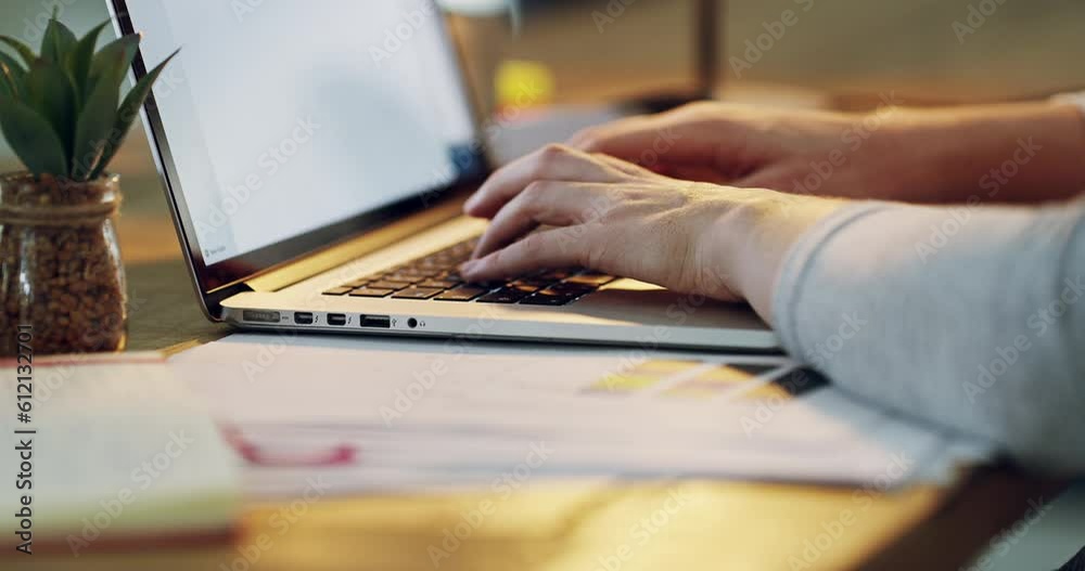 Person hands, laptop and email typing with blank screen and digital research in a office. Writing, working and online worker with tech and web search for creative work and article for company blog