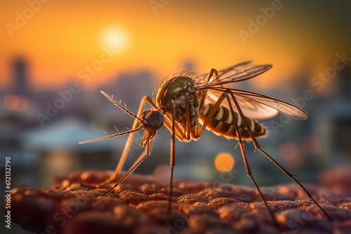 mosquito close-up on human skin at sunset. Generative AI