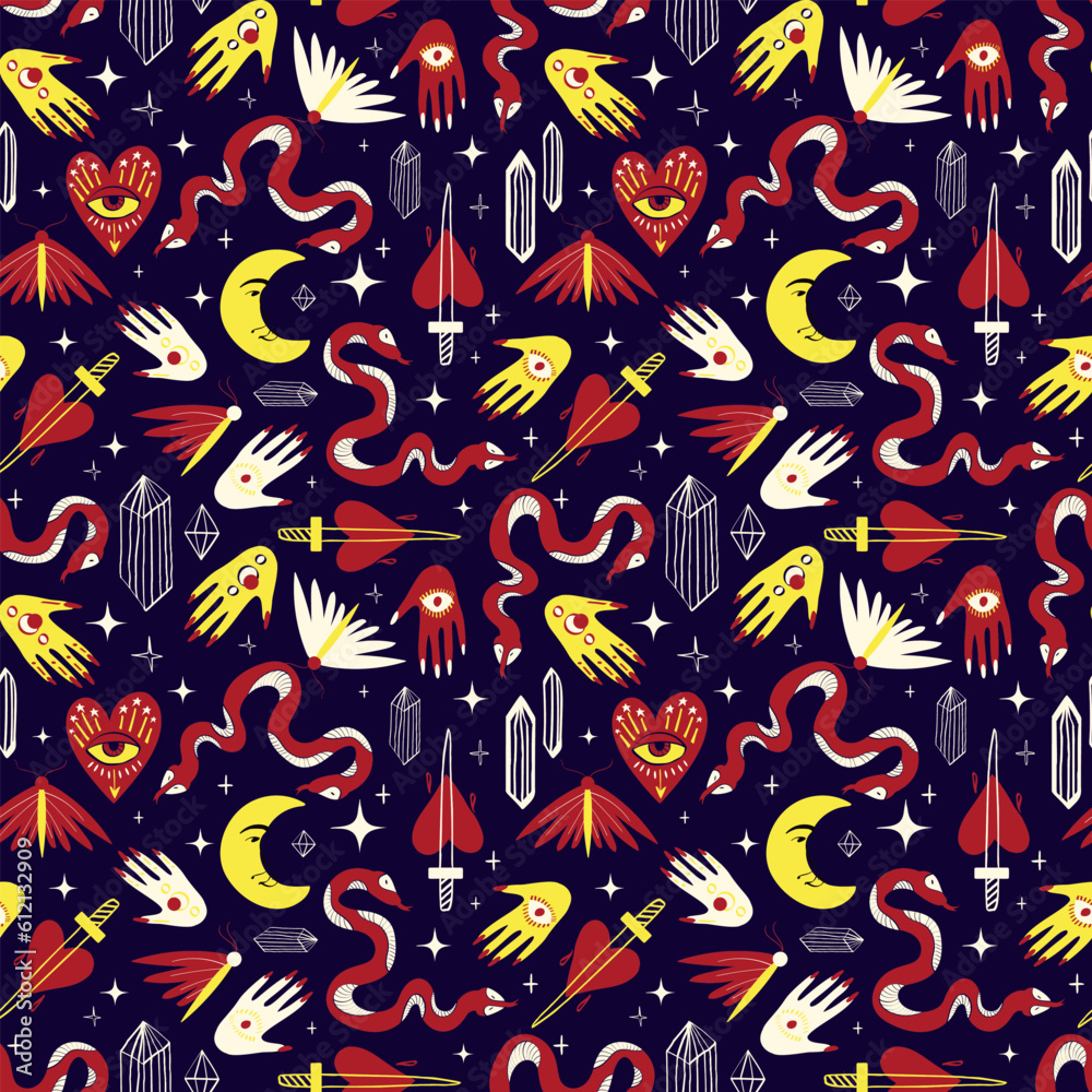 Bright funny magic pattern with bizarre mystical symbols. Background with Magic symbols in a trendy cartoon style Bright funny magic pattern with bizarre mystical symbols. Background with Magic symbols in a trendy cartoon style