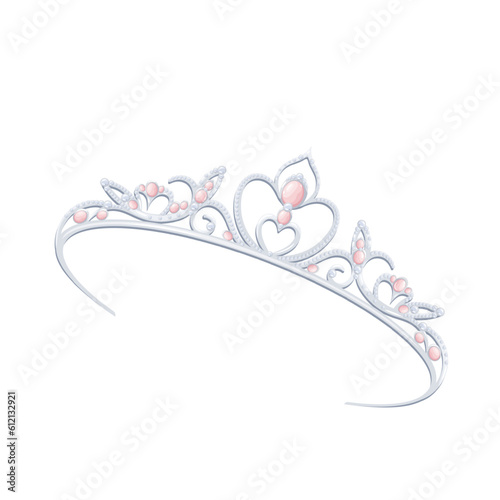 Princess crown vector illustration. Cartoon isolated cute diamond tiara of diva, jewelry of queen or princess with precious pink gems, beauty accessory and symbol of medieval royalty and treasure