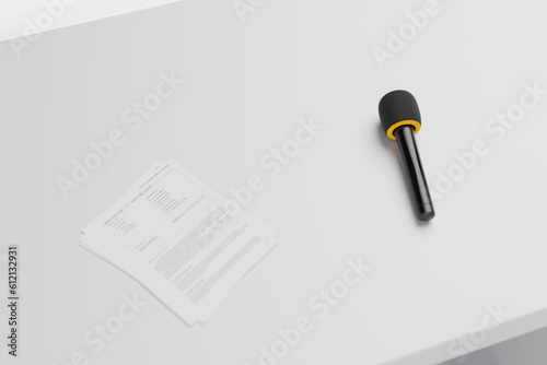 3D Rendering of a white Talkshow/Broadcast Table in a Studio with some Moderation Papers and a Microphone on it.