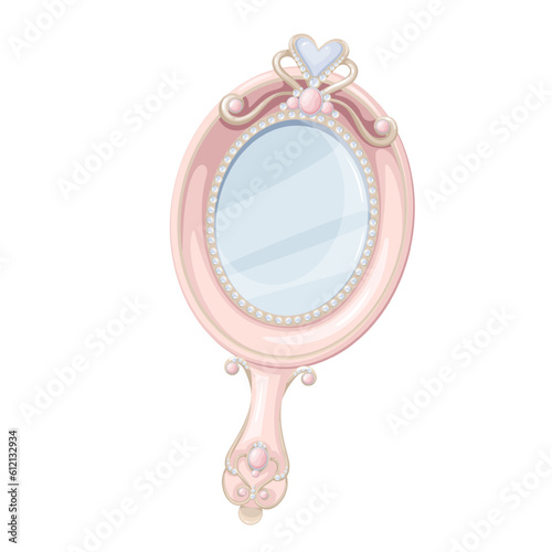 Princess mirror vector illustration. Cartoon isolated oval handheld mirror with handle for hand, glass and jewelry gems on pink frame, female antique decoration with treasure vintage ornament