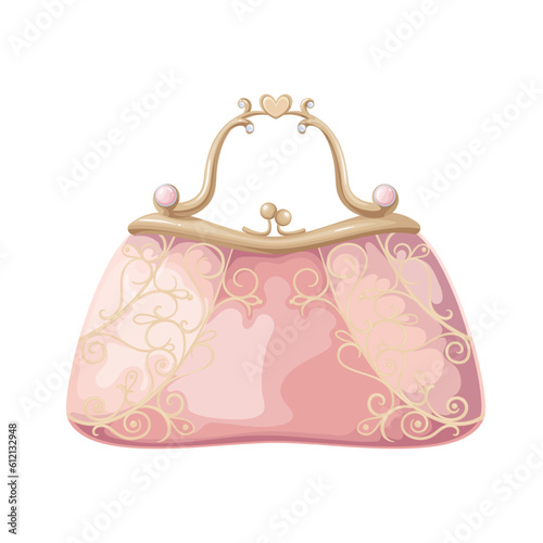 Princess handbag vector illustration. Cartoon isolated small fashion bag with jewelry, fairytale purse with gold ornament on pink silk, precious gems on handle for hand, accessory of pretty lady