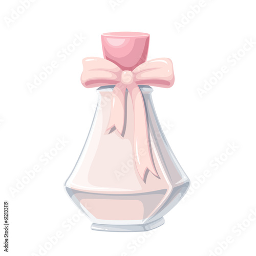 Princess parfum vector illustration. Cartoon isolated pink glass perfume bottle with silk ribbon and bow on lid, luxury jar with cosmetic product for hair or skin, female floral cologne in packaging