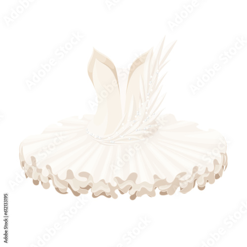 Ballet tutu vector illustration. Cartoon isolated white dress for princess ballerina dancing classic ballet dance on theater stage, cute fashion tulle skirt with lace and precious floral decoration