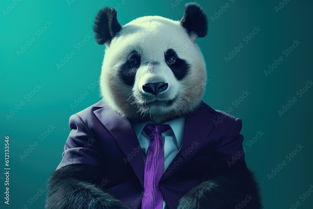 Anthropomorphic panda dressed in a suit like a businessman. Business Concept. AI generated, human enhanced Anthropomorphic panda dressed in a suit like a businessman. Business Concept. AI generated, human enhanced