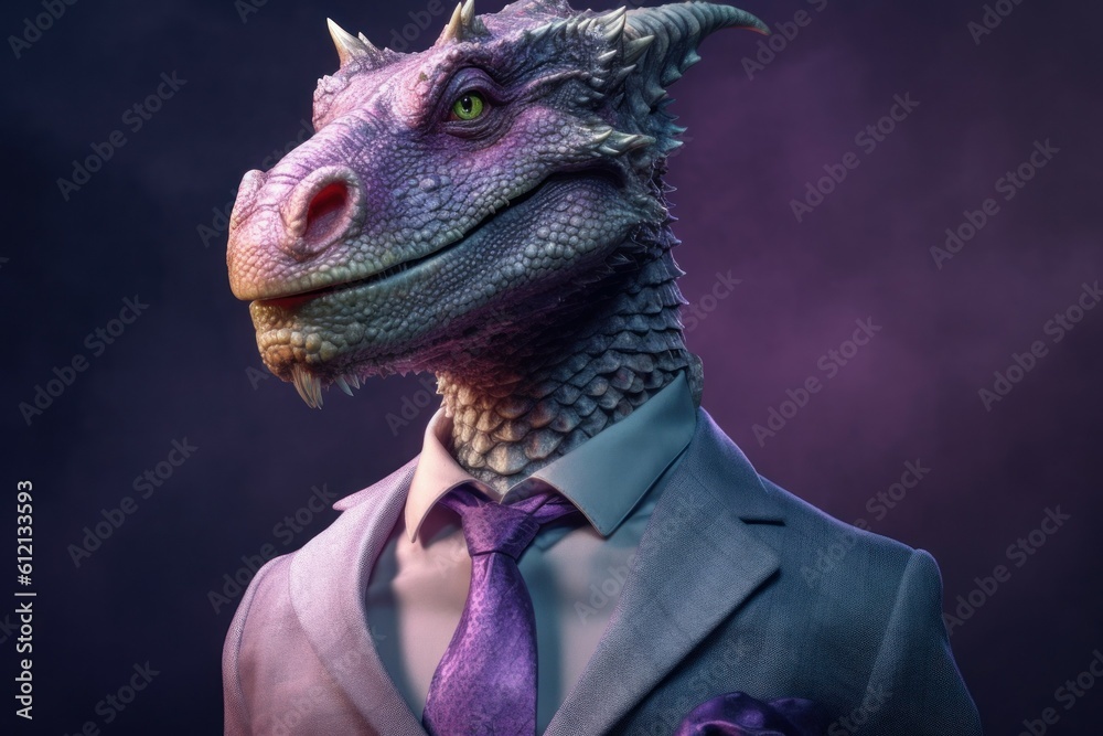 Anthropomorphic dragon dressed in a suit like a businessman. Business Concept. AI generated, human enhanced.