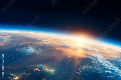 Radiation glow after nuclear explosion, view from space. The concept of thermonuclear war. AI generated, human enhanced